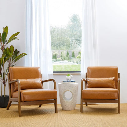 Glitzhome 30" H Mid Century Yellowish Brown Accent Armchair, Single Reading Sofa, PU Leather Lounge