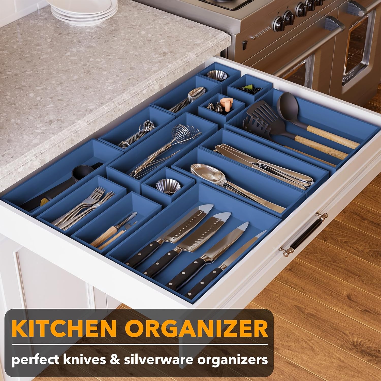 SpaceAid 14-Piece Bamboo Drawer Organizer Storage Boxes Set, Wood Tray Junk Drawer Organizers