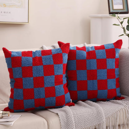 Alysheer Checkered Embroidered Decorative Throw Pillow Covers 18"x 18" Set of 2, Classic Chic Red
