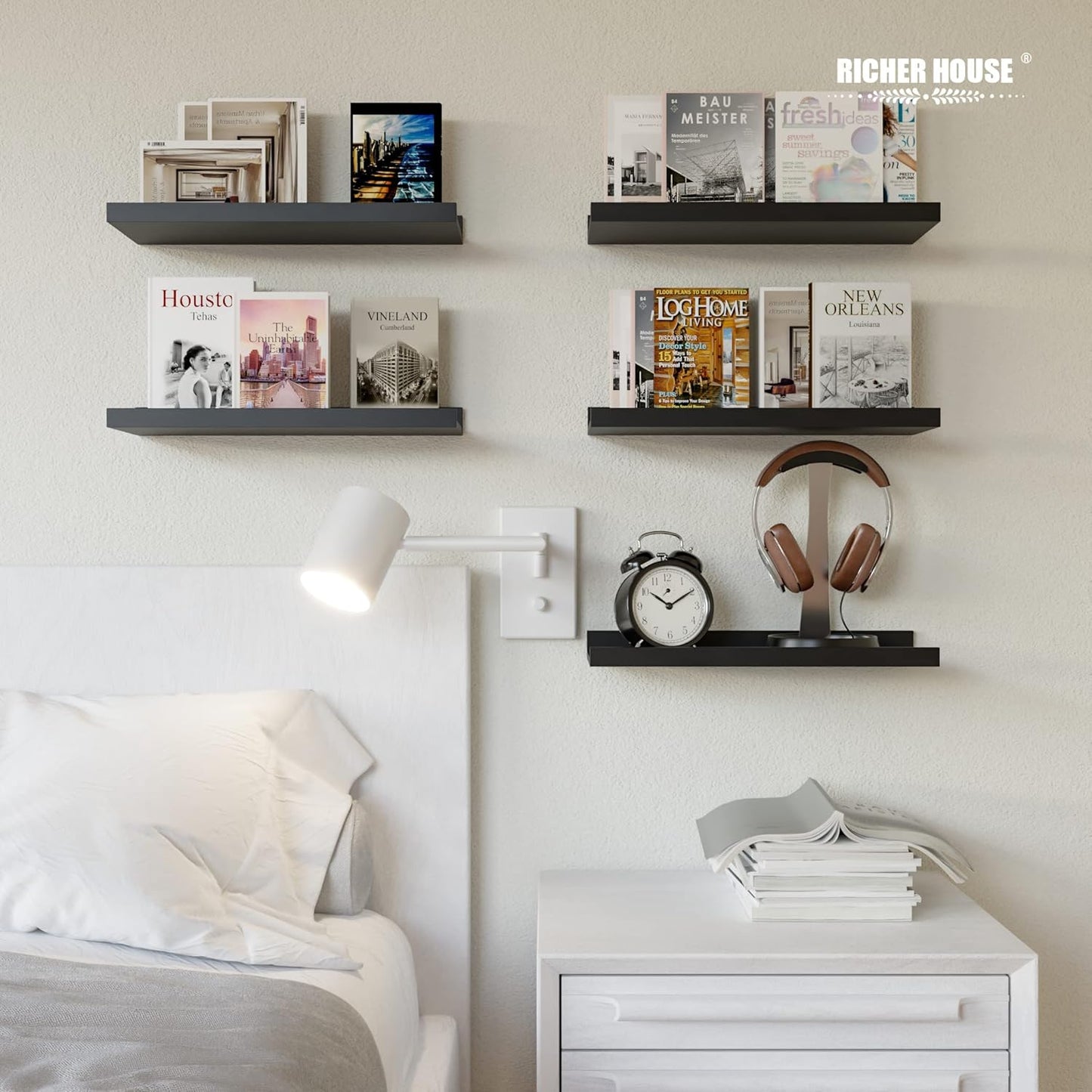 RICHER HOUSE 5 Set Floating Wall Mounted Shelves, Black Shelves for Wall Decor, Modern Picture
