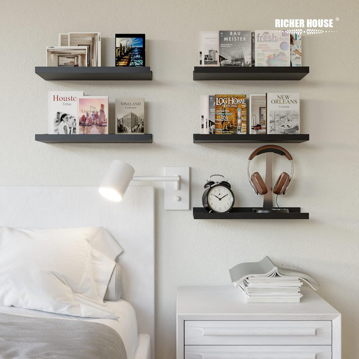 RICHER HOUSE 5 Set Floating Wall Mounted Shelves, Black Shelves for Wall Decor, Modern Picture