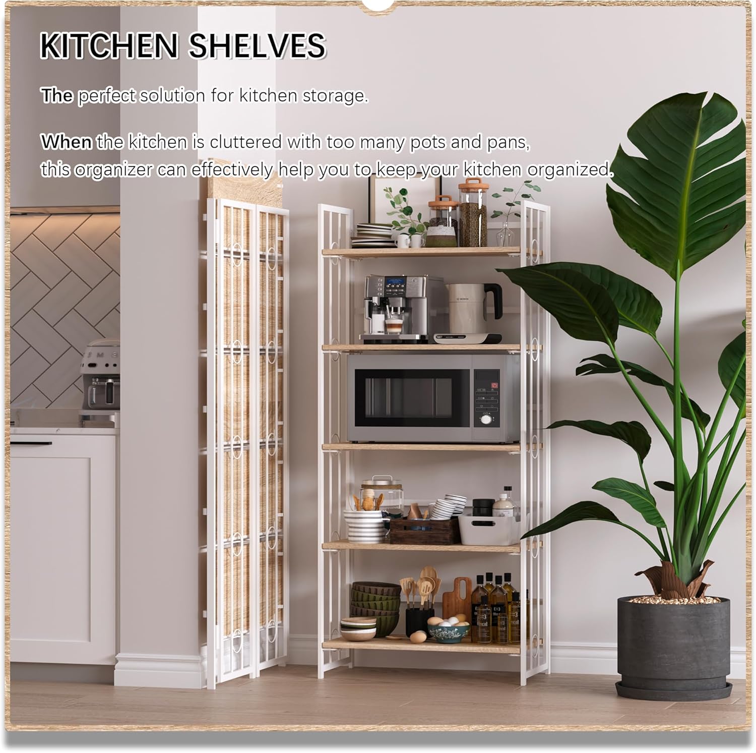 4NM No Assembly 5 Tiers Folding Bookshelf, 59.4" H Foldable Storage Shelves Vintage Bookcase