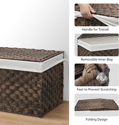 Wicker Storage Basket with Lid, 27.7 Gallon (105L) Large Blanket Basket with Lid, Woven Storage Bin