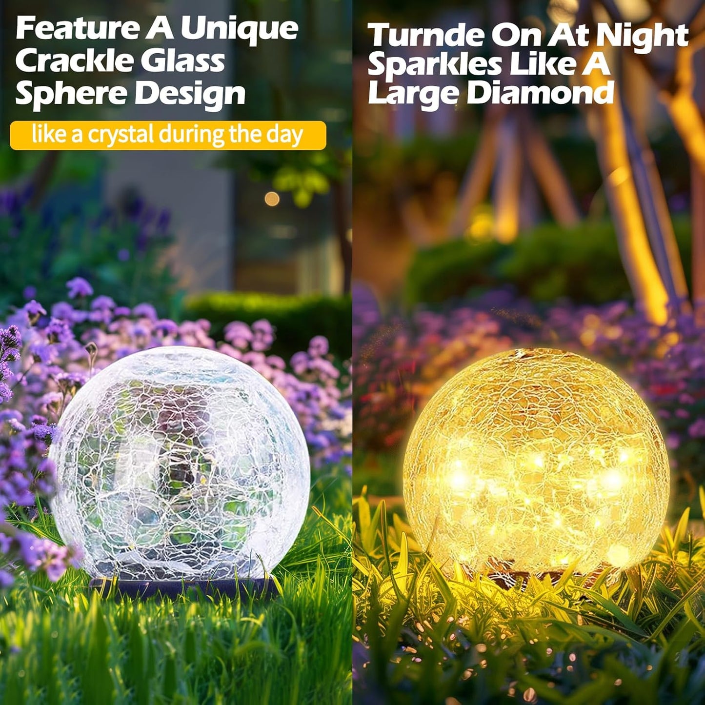 Garden Solar Ball Lights Outdoor Waterproof, 50 LED Cracked Glass Globe Solar Power Ground Lights