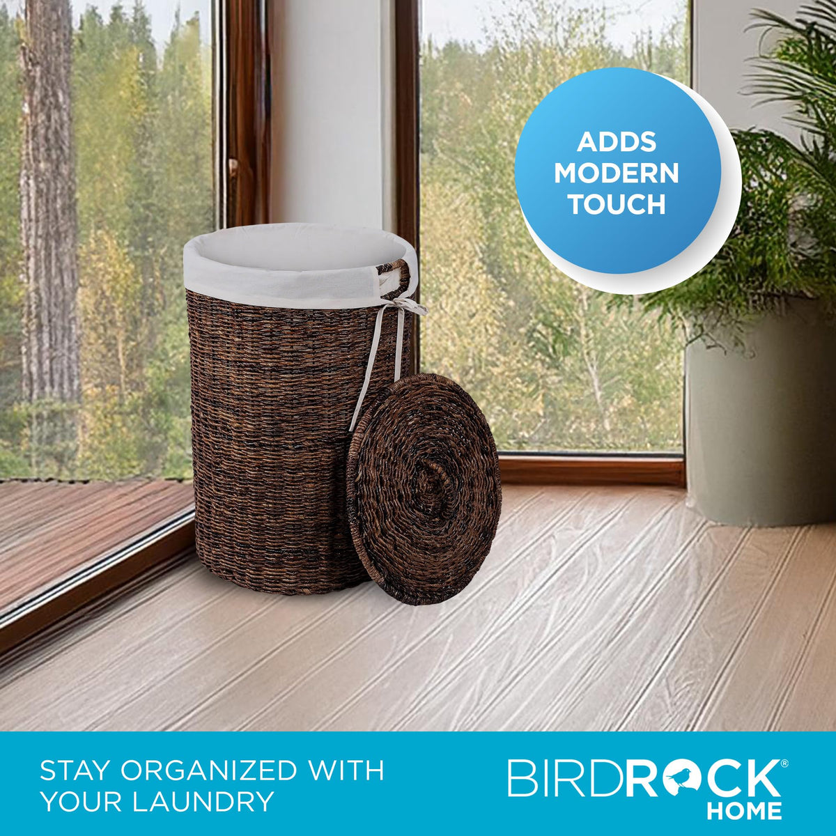 BIRDROCK HOME Seagrass Laundry Hamper with Lid & Liner - Handwoven Round Basket with Handles for