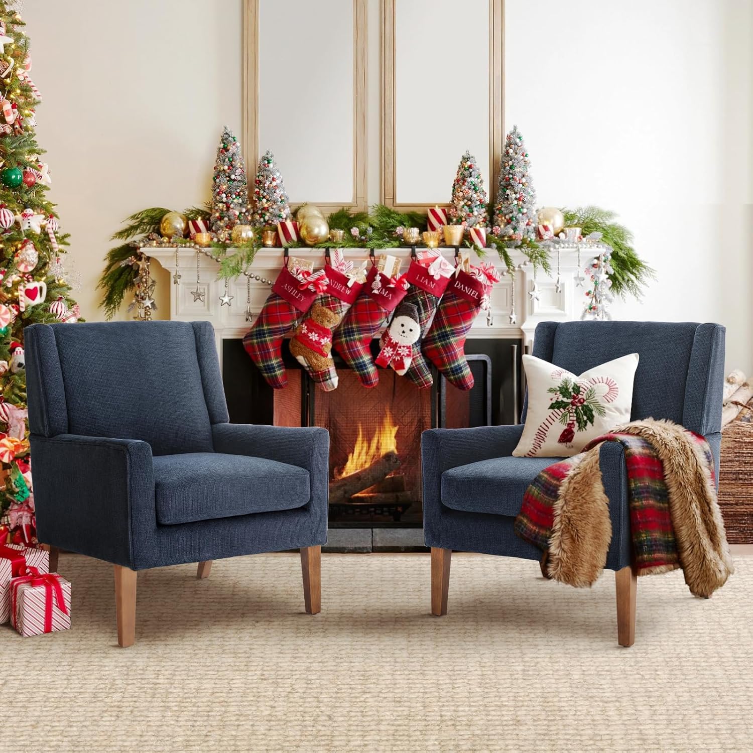 COLAMY Modern Wingback Living Room Chair Set of 2, Upholstered Fabric Accent Armchair, Single Sofa