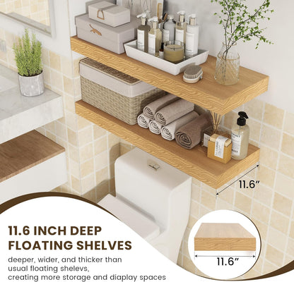 Deep Floating Shelves for Wall, 35.4W x 11.6D Rustic Large Wall Shelves Set of 2, 11.6 Inch Deep