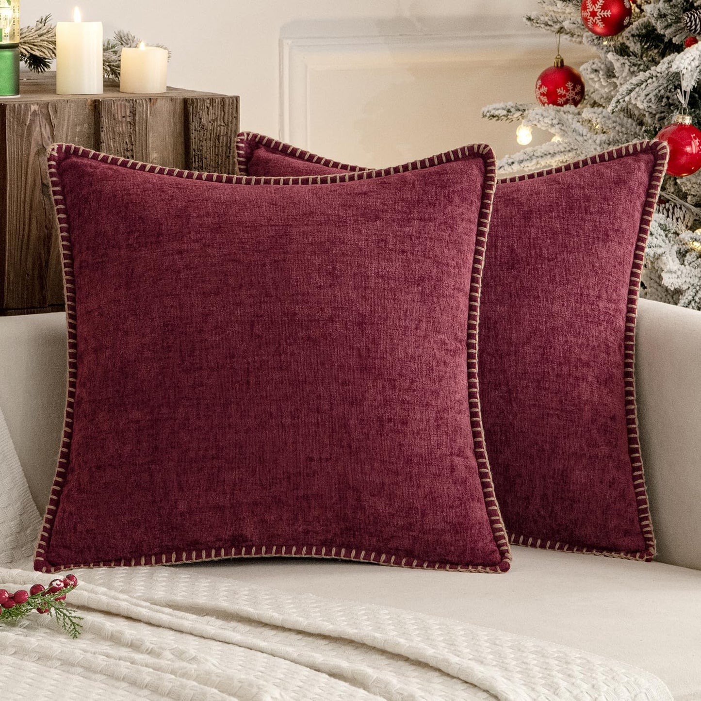 MIULEE Pack of 2 Christmas Pillow Covers 18x18 Inch Burgundy Red Farmhouse Decorative Throw Pillow