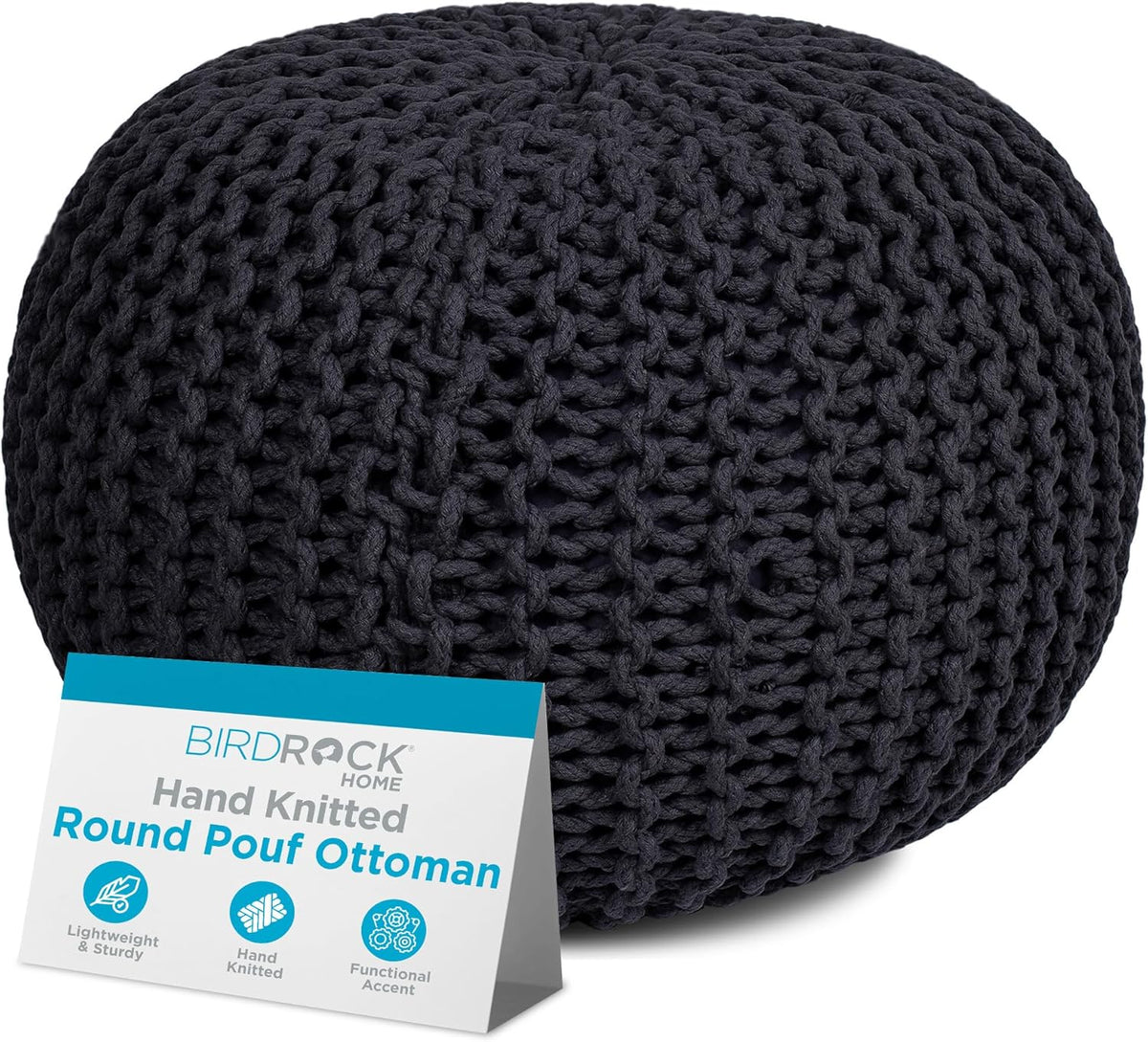 BIRDROCK HOME Round Pouf Ottoman | Cotton Braided Foot Stool with Bean Bag Filling | Boho Foot Rest