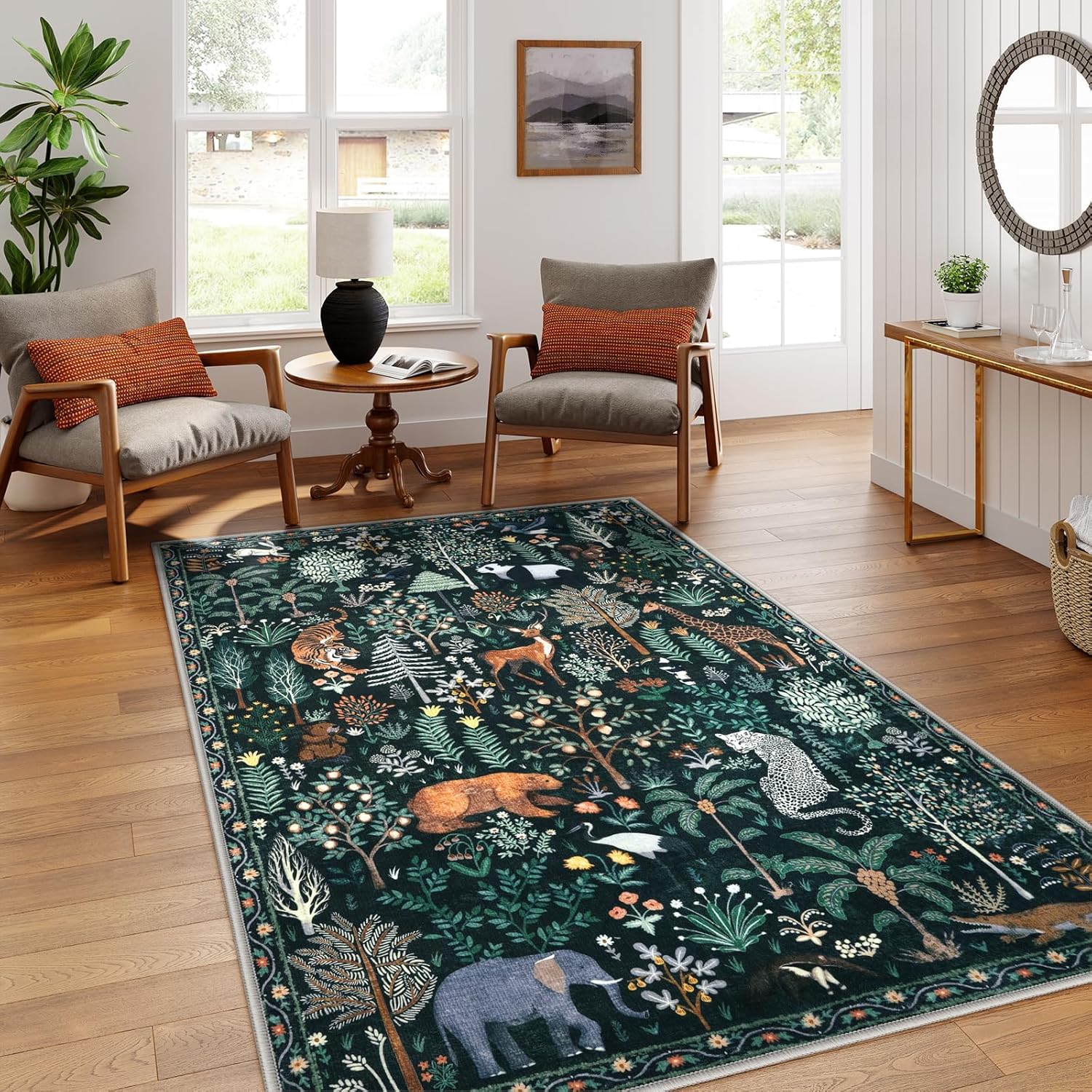 OJIA Jungle Print 5x7 Area Rugs for Living Room, Green Soft Washable Rugs for Bedroom Ultra-Thin