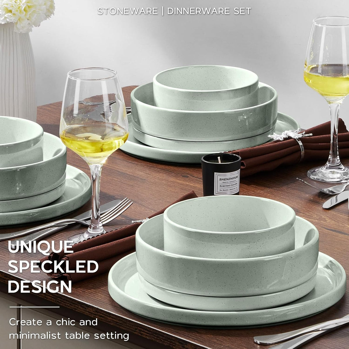 Onader Stoneware Dinnerware Sets for 6 with Double Bowl, 24 Piece Plates and Bowls Dish Dinner Set