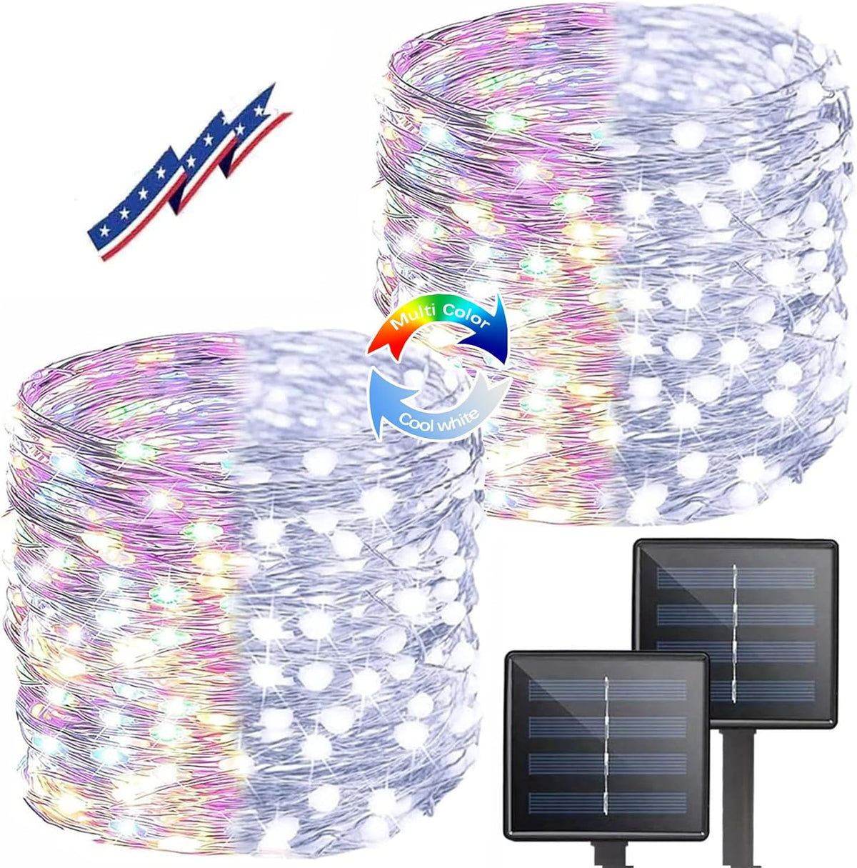 (Cool White ⇋ Multicolor) Solar Christmas String Lights Outdoor, 2-Pack 80FT 200 LED Waterproof