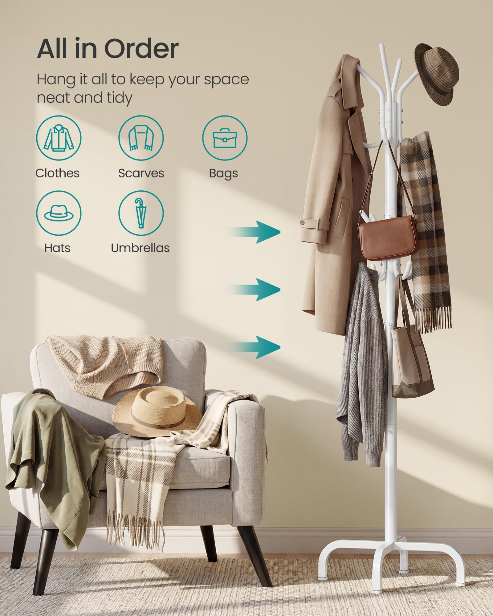 SONGMICS Coat Rack Freestanding with 16 Hooks, Metal Coat Tree Stand with 4 Adjustable Feet