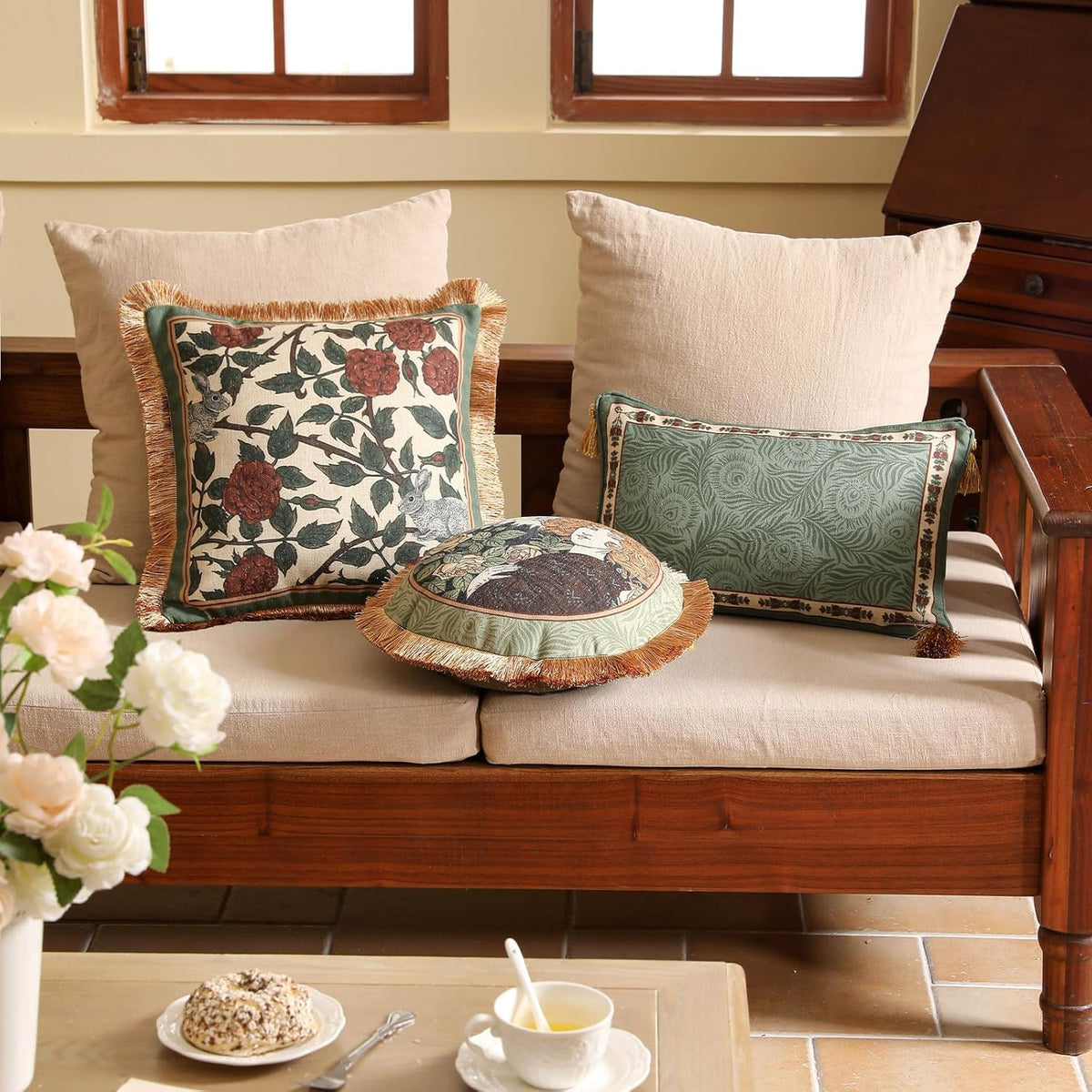 patdrea Designer Throw Pillow Covers Set of 4,French Elegant Green Linen with Rose Collection