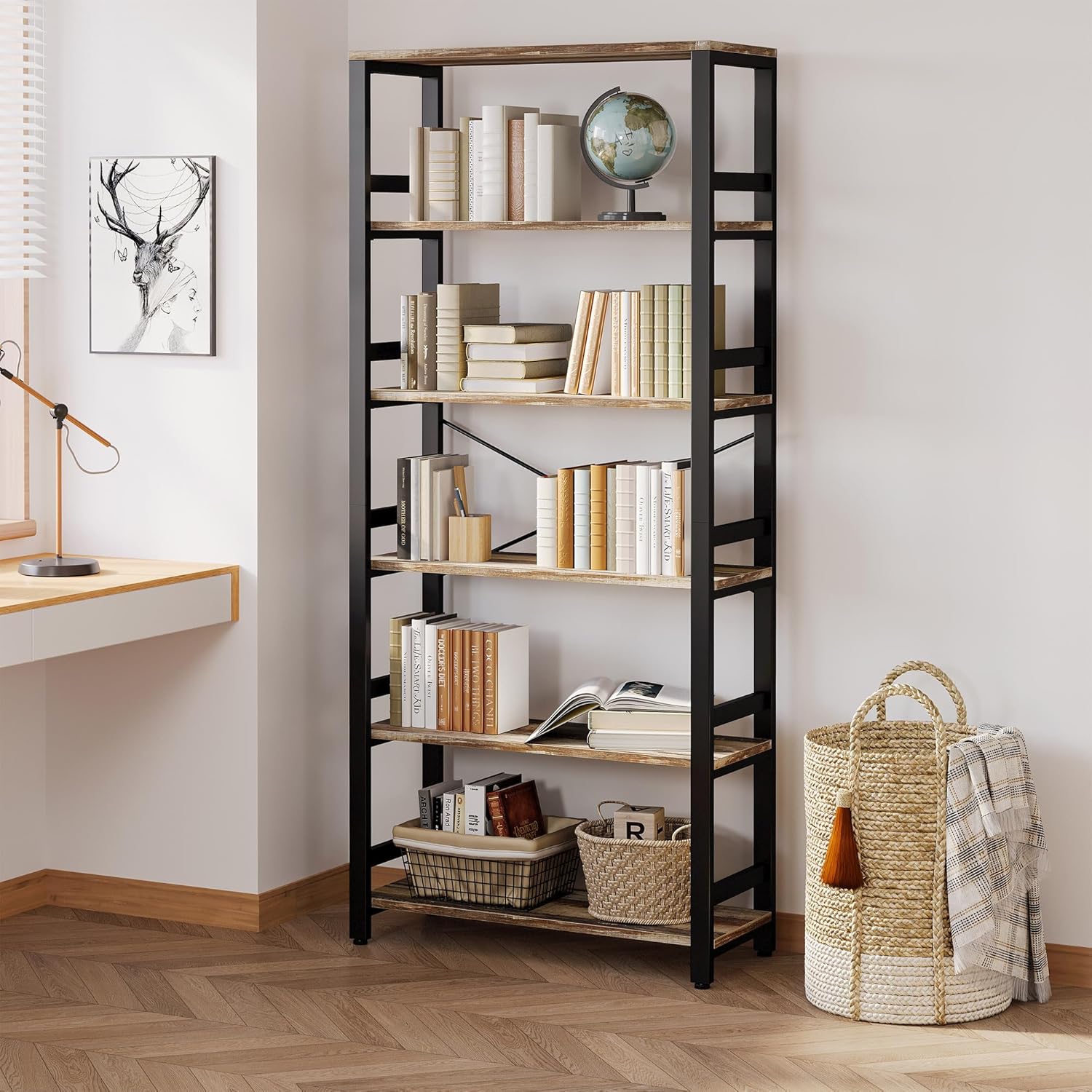 IRONCK Bookshelf, 31.5in Wide Shelf 6 Tier Bookcase, 110lbs/shelf Vintage Industrial Style