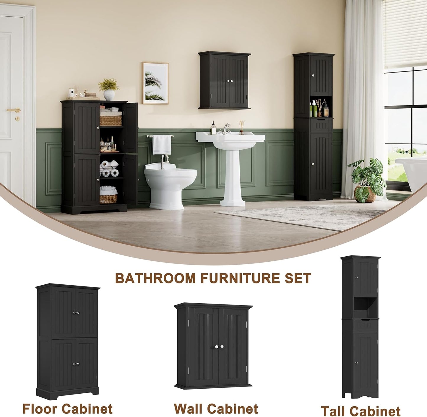 ChooChoo Bathroom Floor Cabinet, Modern Bathroom Storage Cabinet with 4 Doors and Adjustable