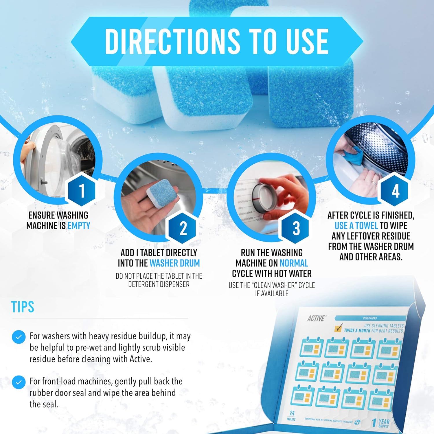 Washing Machine Cleaner Descaler 48 Pack - Value Size Deep Cleaning Tablets HE Front Loader & Top