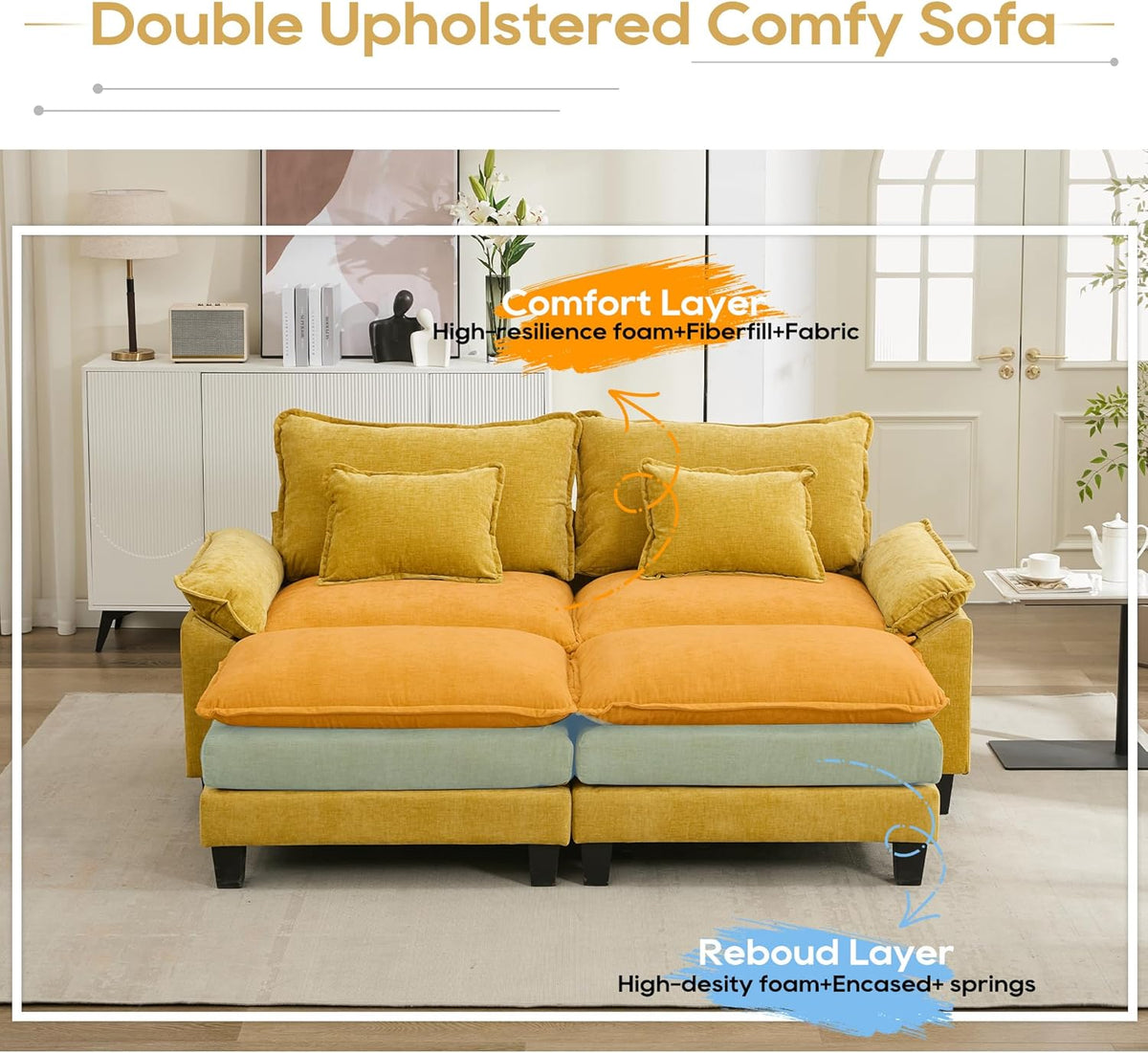 URRED Modular Sectional Sofa Comfy Cloud Couch, Modern Chenille Sofa Sleeper Deep Seat Couches with