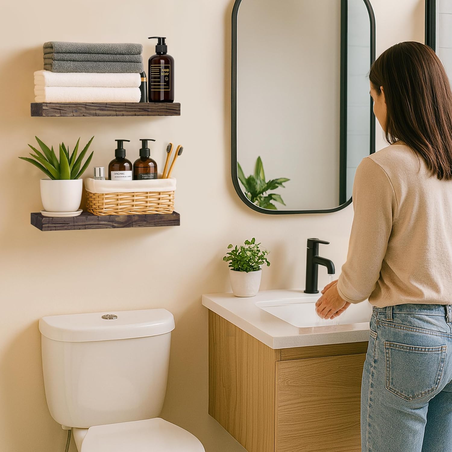 BGMG Floating Shelves 16 inch Long, Distressed,Wide Rustic Wooden Wall Shelves for Bathroom Living