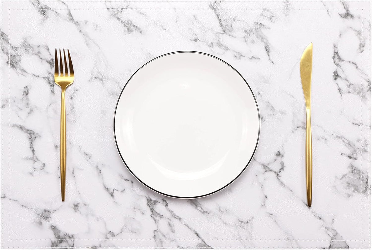 Marble Faux Leather PU Placemats, Set of 6, Easy to Clean, Heat & Stain Resistant for Dining