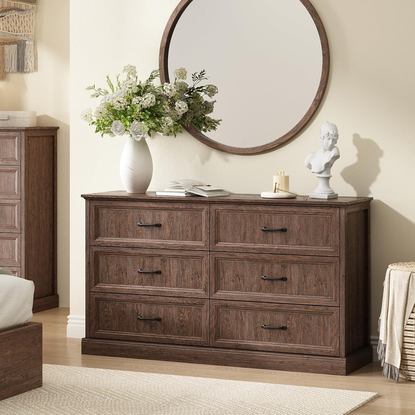 Farmhouse 6 Drawer Dresser for Bedroom, 55 Inch Wide Modern Brown Dresser TV Stand with Large