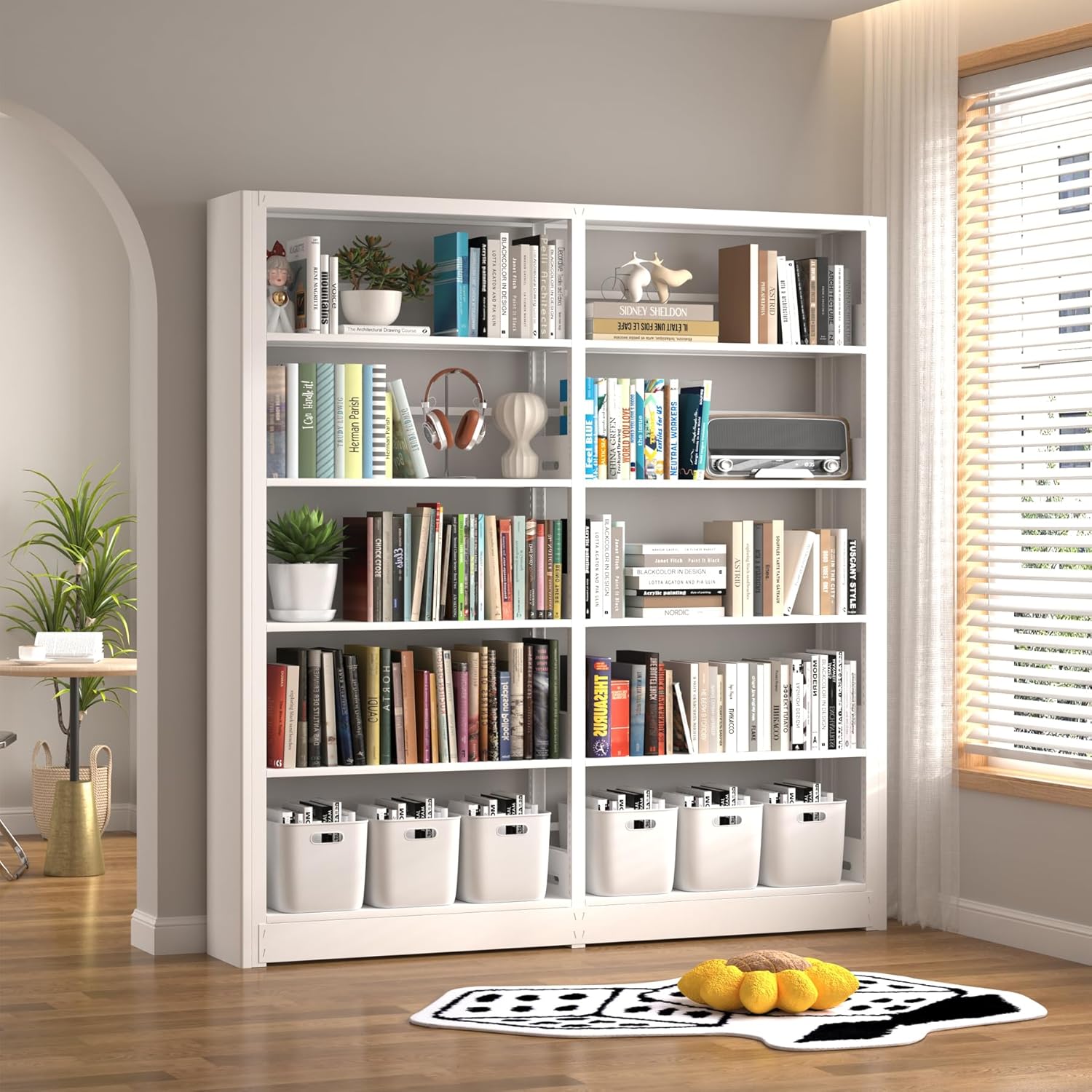 5-Tier Industrial Book Shelf, White Bookcases and Bookshelves,Tall Metal Bookcase Storage