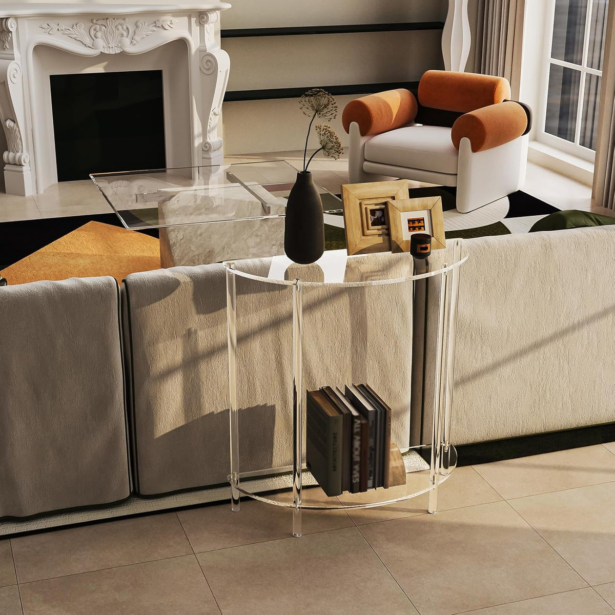 Acrylic Console Table, Half Moon, 29.5" Small Entryway Table, Clear Entry Table for Sofa, Foyer