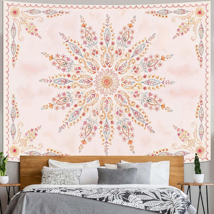 Fowocu Boho Floral Mandala Tapestry for Bedroom Aesthetic Pink Bohemian Flower Wall Tapestry