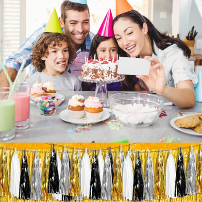 4P Black Gold Silver Foil Fringe Metallic Tassel Garland, Tassels Banner Streamers for Parade