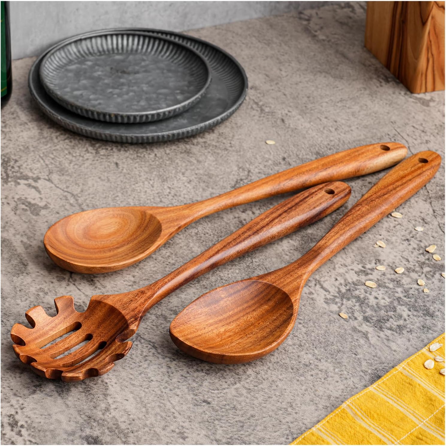 Gudamaye 13 inch Long Wooden Spoons for Cooking, 9 PCS Natural Teak Wooden Kitchen Utensil Set with