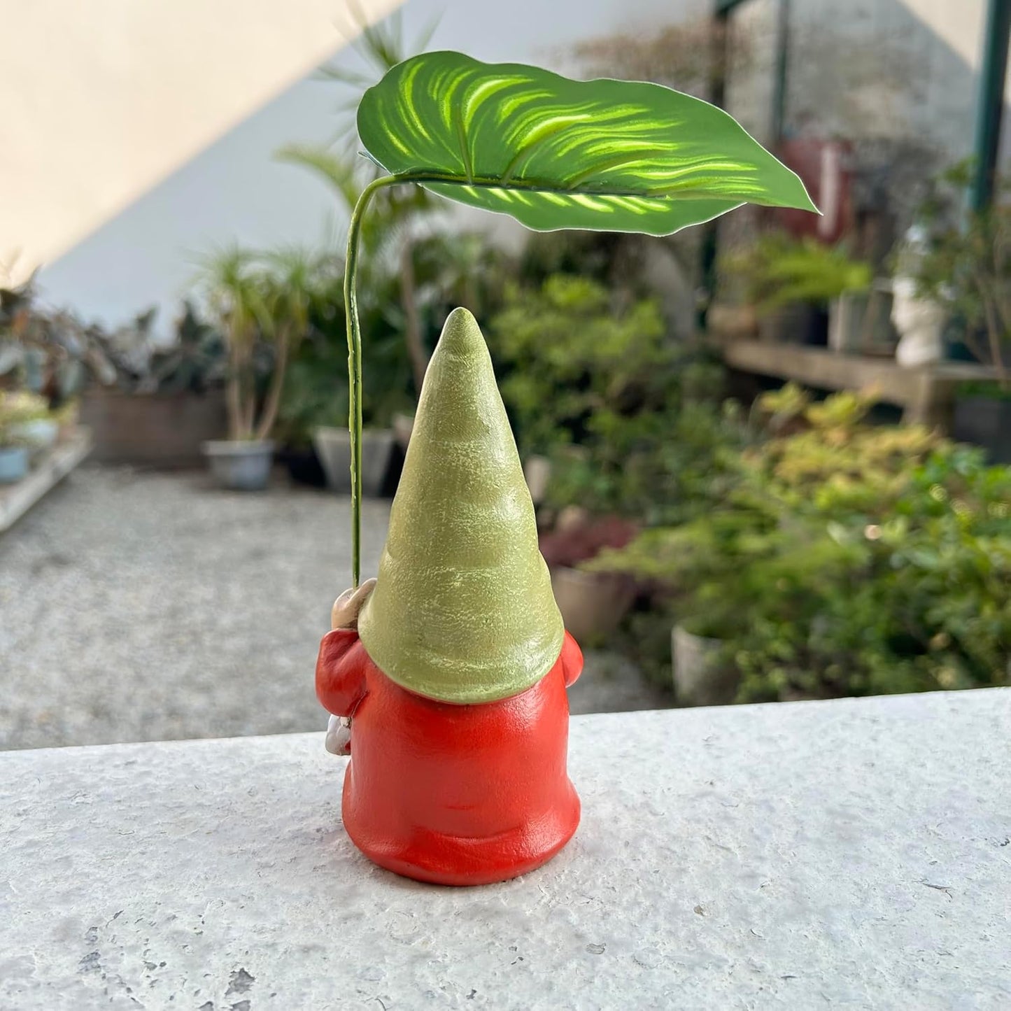 Garden Female Gnome Statue Decoration with Leaf Umbrella, 6.5” Figurine Ornament for Indoor Outdoor