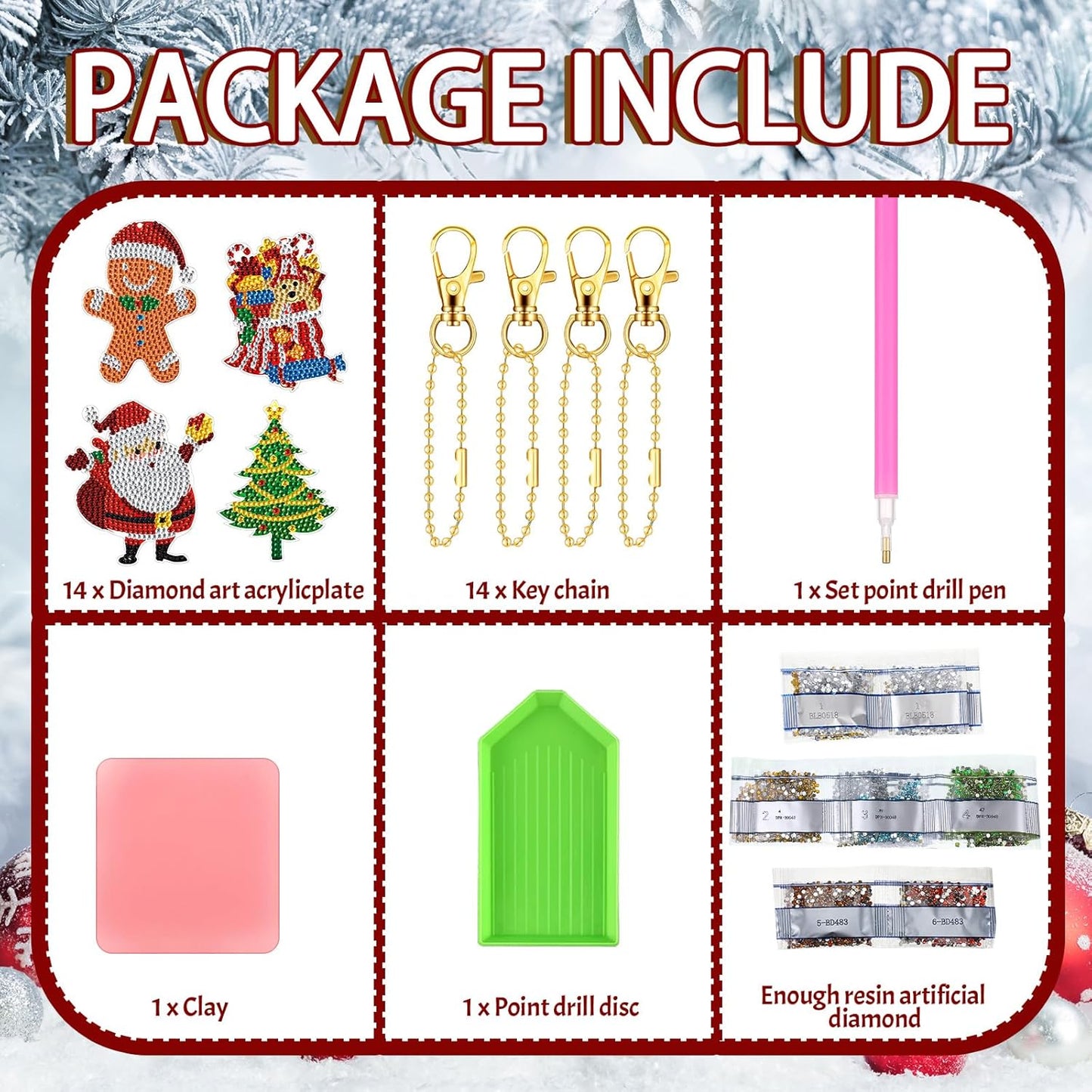 Equsion 14 Pcs Diamond Art Christmas Ornaments Christmas Diamond Painting Keychains Kits 5d DIY