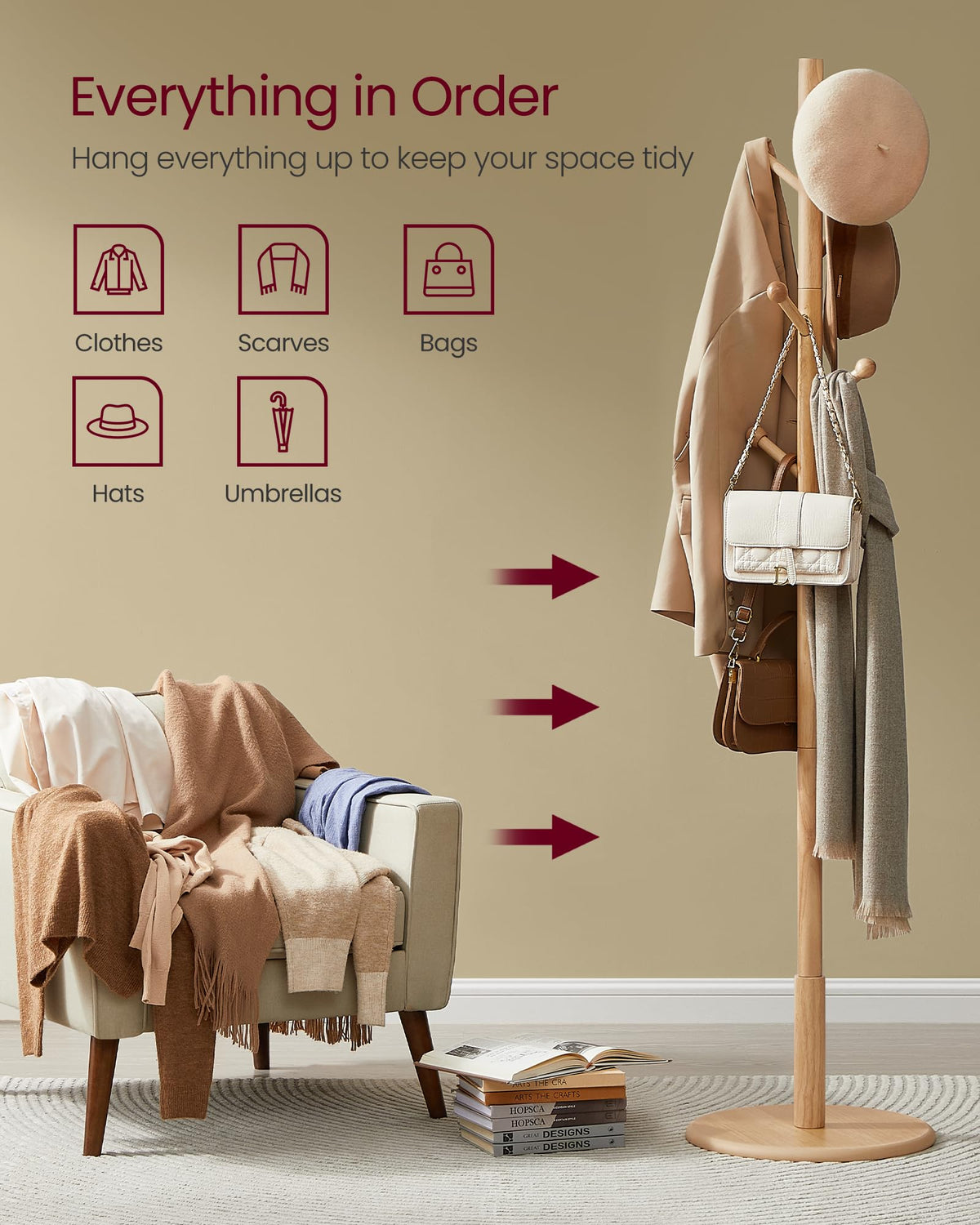 VASAGLE Solid Wood Coat Rack, Free Standing Hall Coat Tree with 7 Hooks, 3 Height Options, for