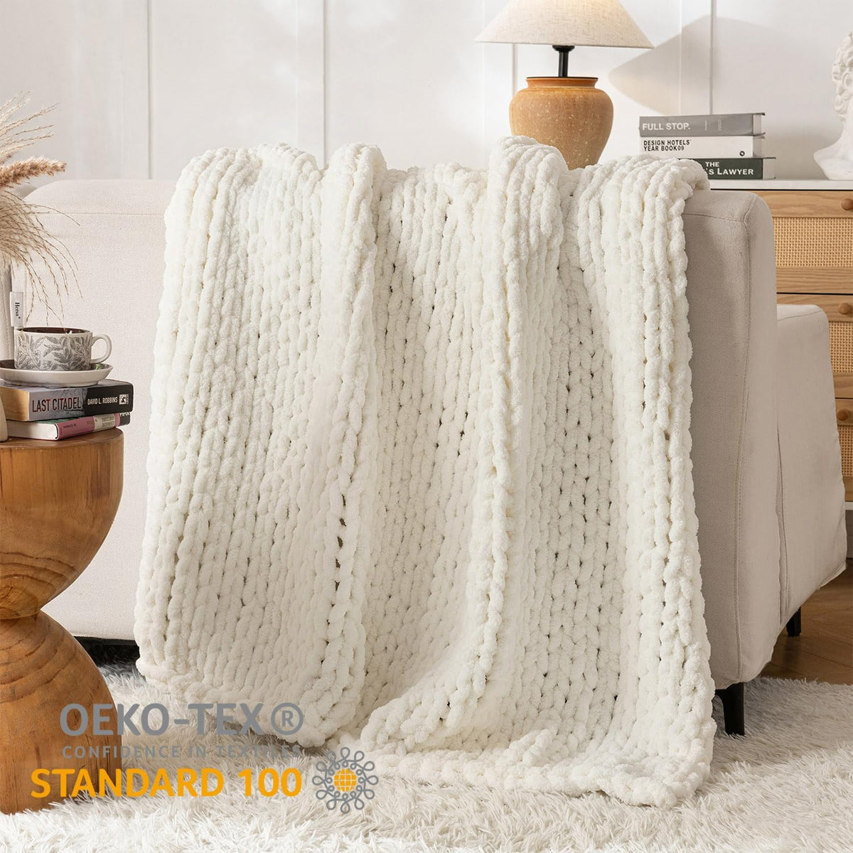 Chunky Knit Blanket Throw, 100% Hand Knit Throw Blanket Handmade Chenille Cable Knit Throw for