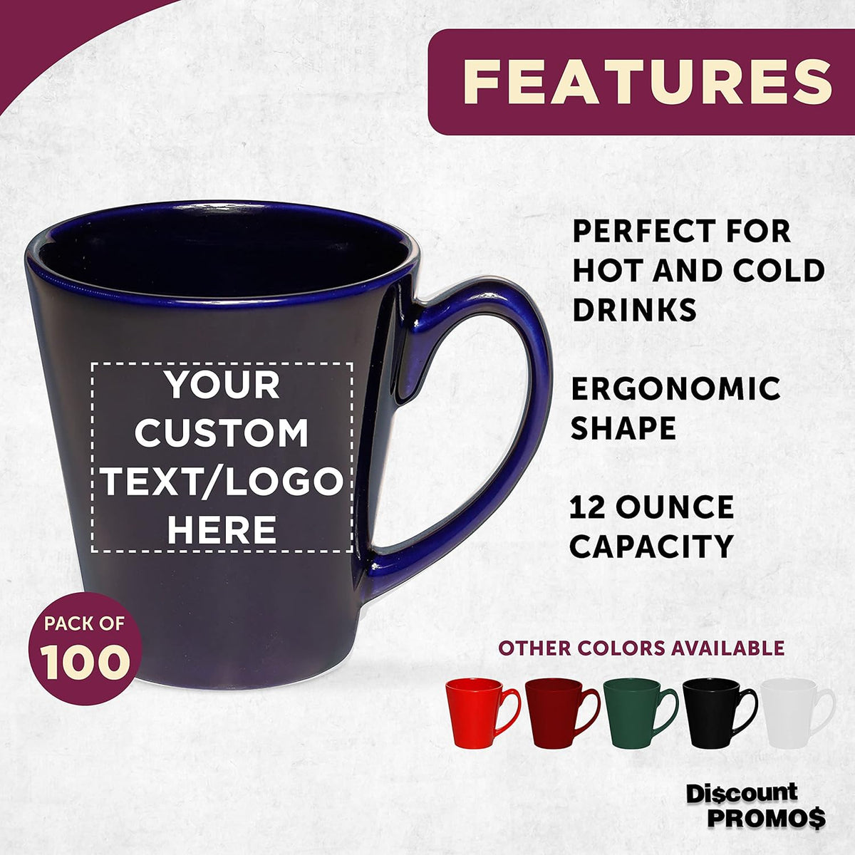 DISCOUNT PROMOS Custom Glossy Ceramic Latte Coffee Mug 12 oz. Set of 100, Personalized Bulk Pack