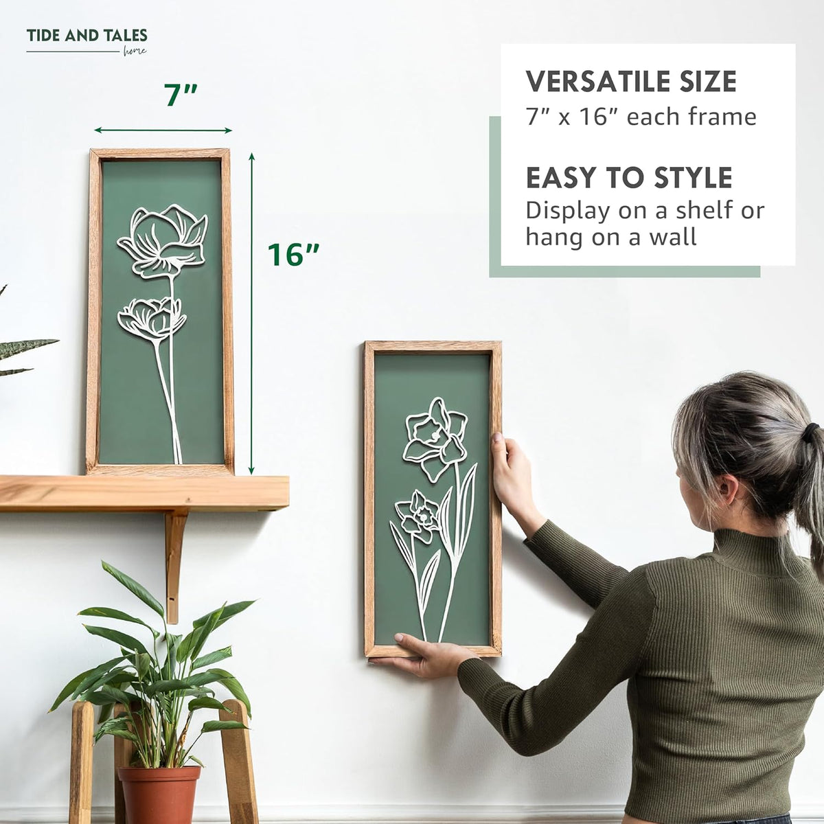 3D Floral Green Wall Art (Set of 2) Lightweight, Wooden Ready-to-Hang Boho Framed Wall Art for