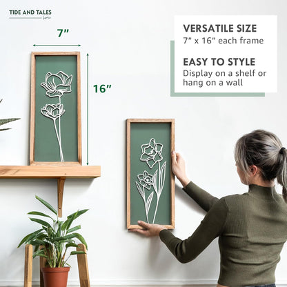 3D Floral Green Wall Art (Set of 2) Lightweight, Wooden Ready-to-Hang Boho Framed Wall Art for