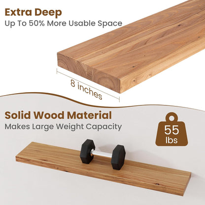 Floating Shelves for Wall Decor, 8" Deep Rustic Solid Elm Wood Floating Shelves Wall Mounted, Wall