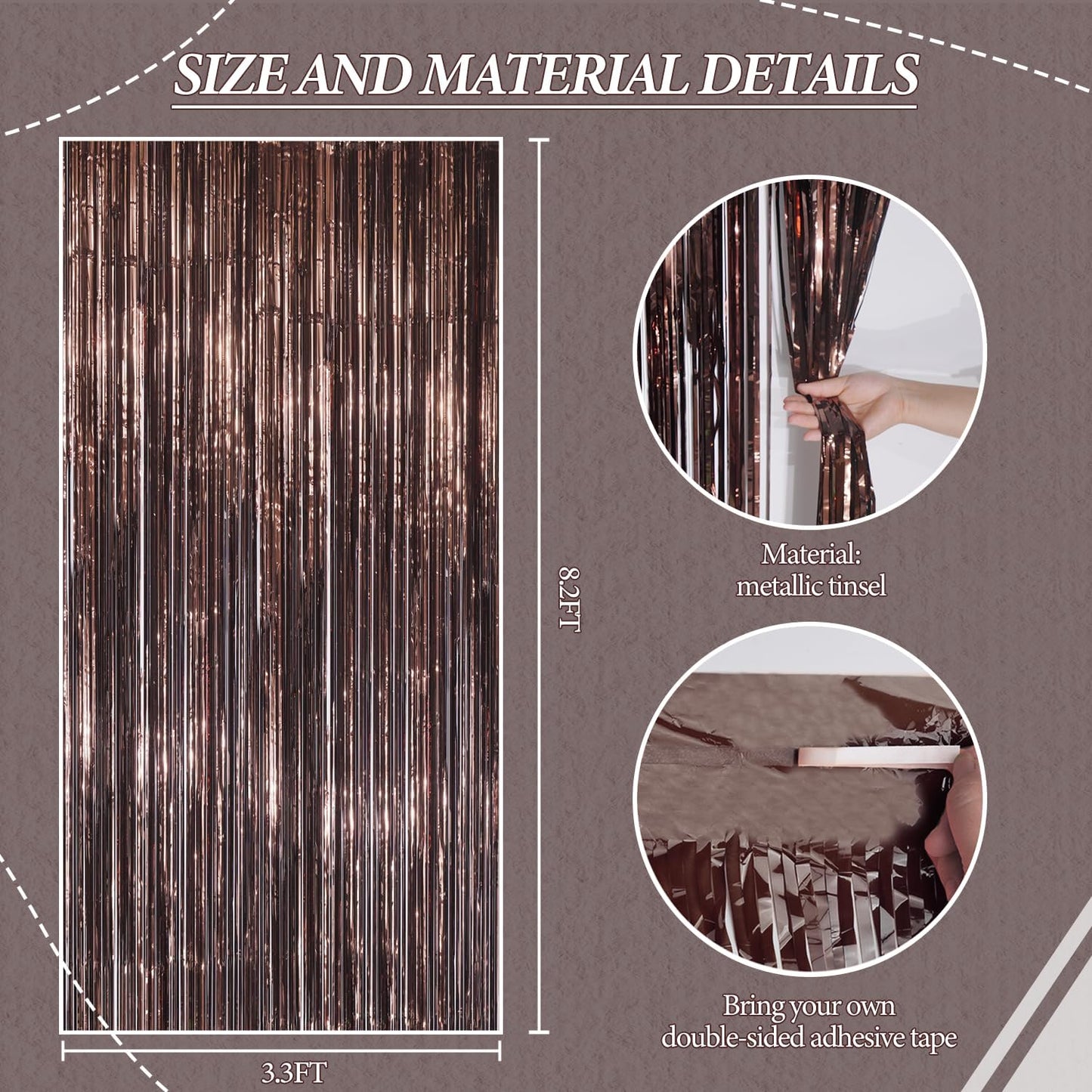 3 Pack Foil Fringe Backdrop - Brown Shiny Tinsel Curtains for Party Decoration/Photo Booth Props