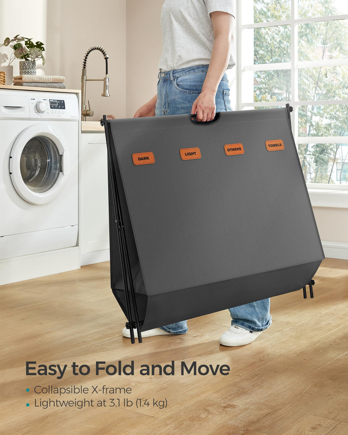 SONGMICS Laundry Hamper, Laundry Basket, 40.9 Gal. Laundry Sorter 4 Sections, Collapsible X-Frame