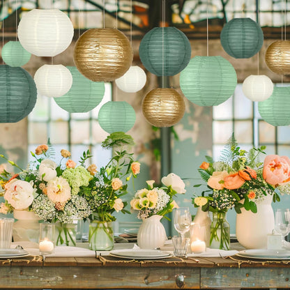Paper Lanterns Decorative, Round Paper Lanterns Decorations Sage Green/Forest Green/Gold/White for