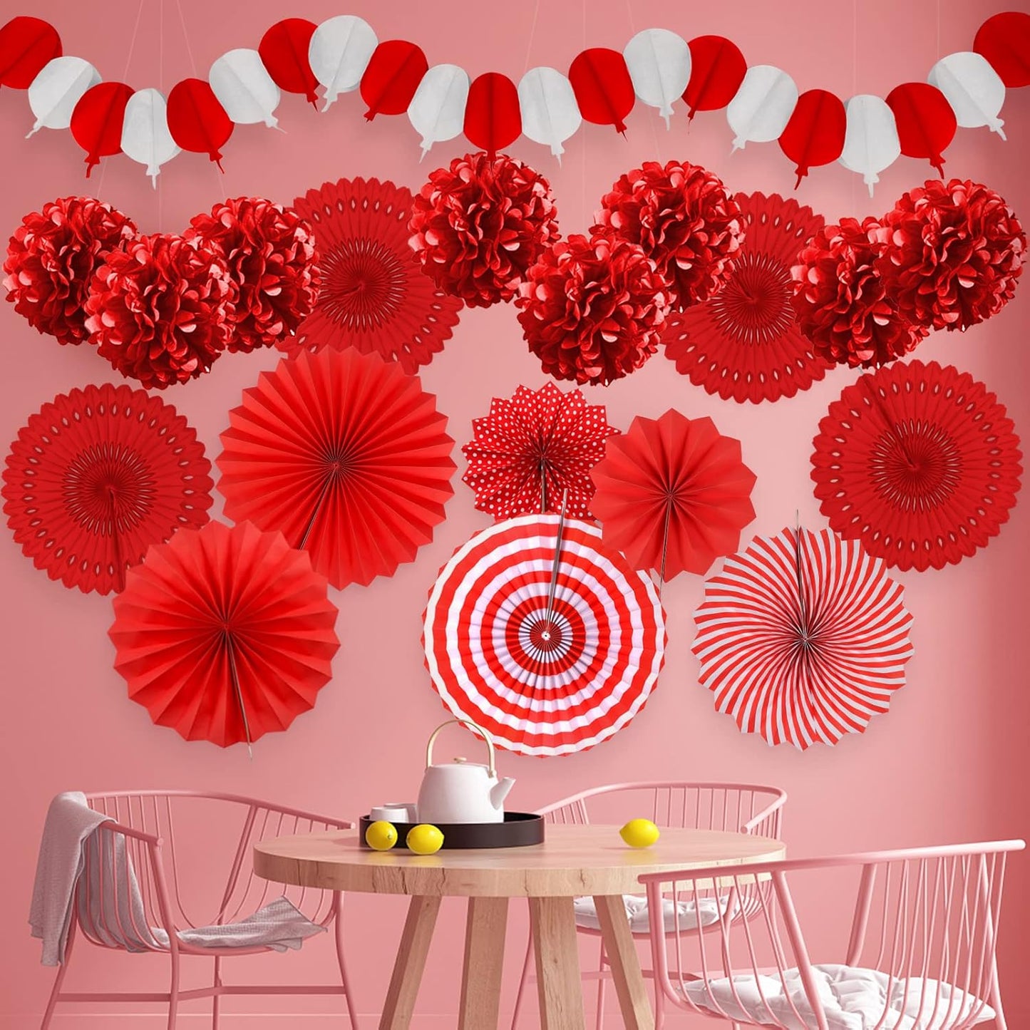 Red Party Decorations, Papar Fans Pompoms Fans Garlands for Birthday Bridal Baby Shower Wedding