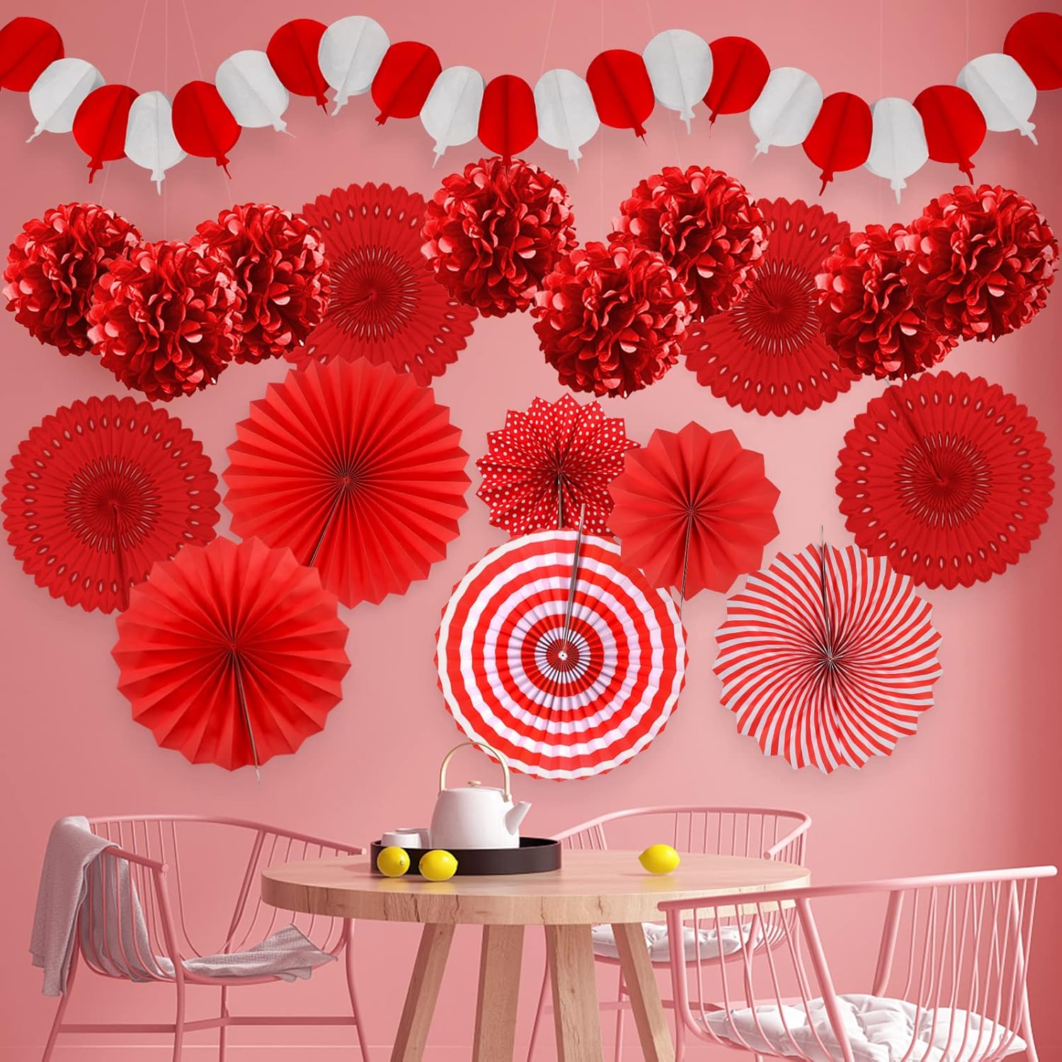Red Party Decorations, Papar Fans Pompoms Fans Garlands for Birthday Bridal Baby Shower Wedding