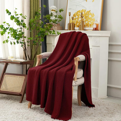Chunky Cable Knit Throw Blanket Lightweight Wine red 100% Organic Cotton Blanket for Sofa Couch Bed