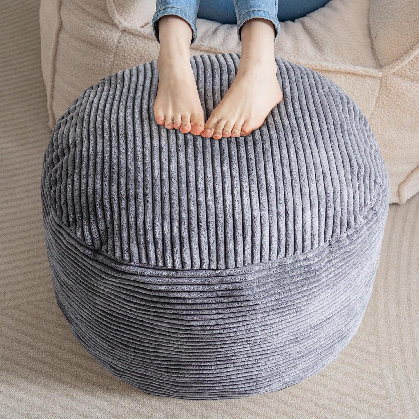 HIGOGOGO Round Stuffed Pouf Ottoman, Corduroy Poufs with Foam Chunk Filling, Furry and Fluffy Pouf