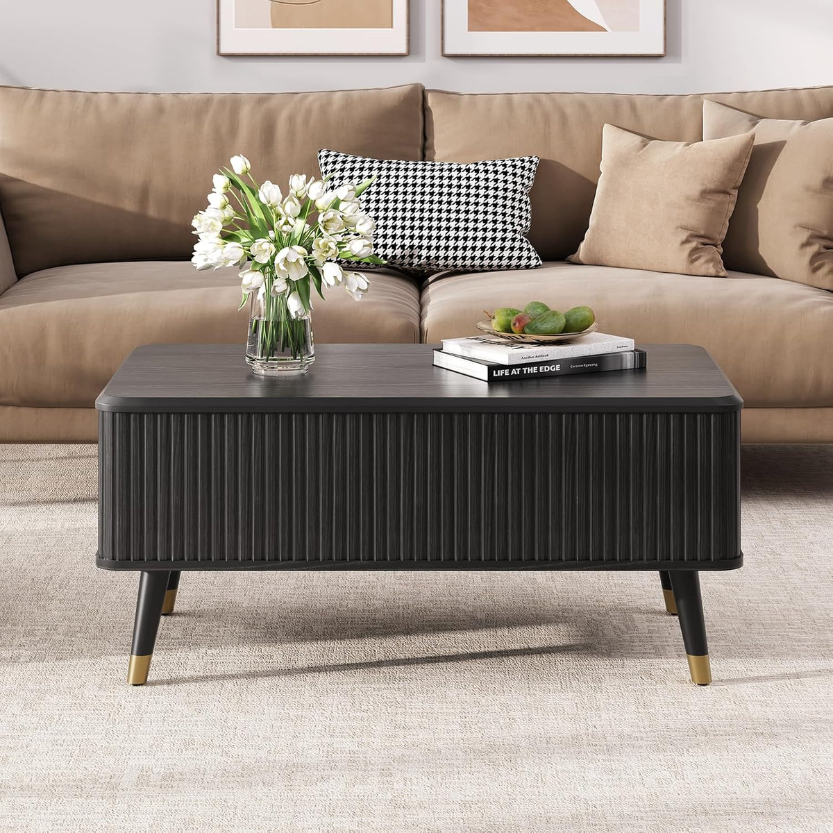 Lift Top Coffee Table with Storage Shelf & Hidden Compartment, Mid Century Modern Fluted Rectangle