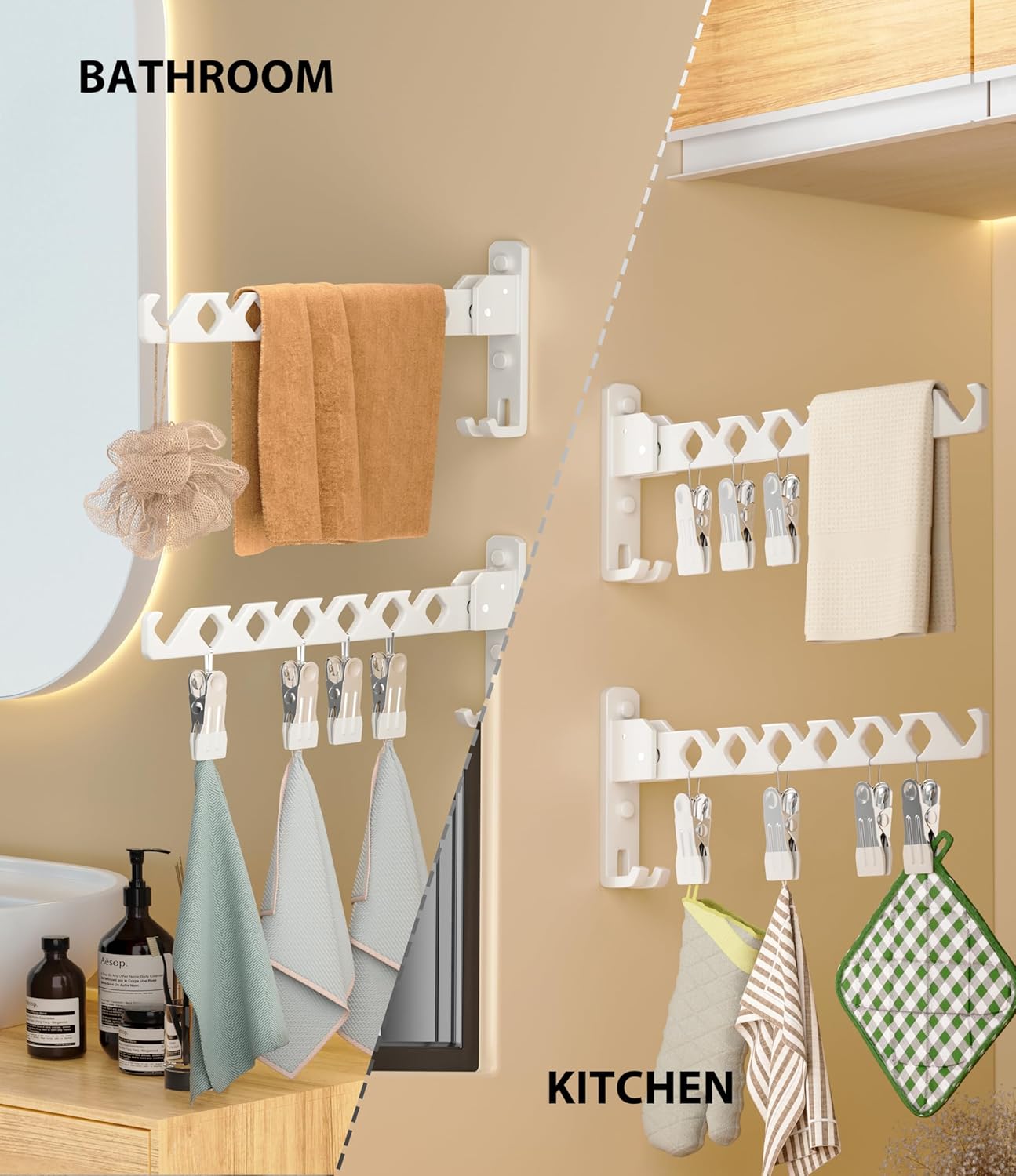 Wall Mount Coat Hanger Holder White Clothes Drying Organizer Rack Garment Hooks Aluminium