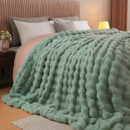 Lotus Karen Faux Fur Throw Blanket Sage Green - Big Bubble Rabbit Fluff Blanket for Couch Bed