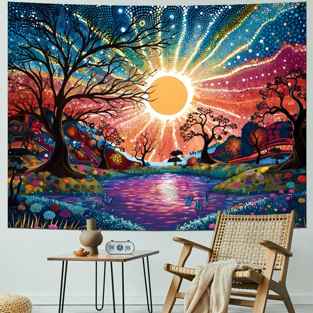 Serborlur Tree of Life Tapestry Trippy Sun Forest Tapestries Colorful Starry Sky Tapestries Hippie