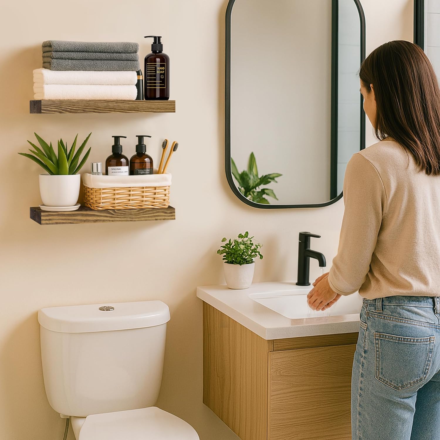 BGMG Wood Floating Shelves for Wall 18 inch Set of 2, Rustic Wooden Wall Mount Shelves for Bathroom
